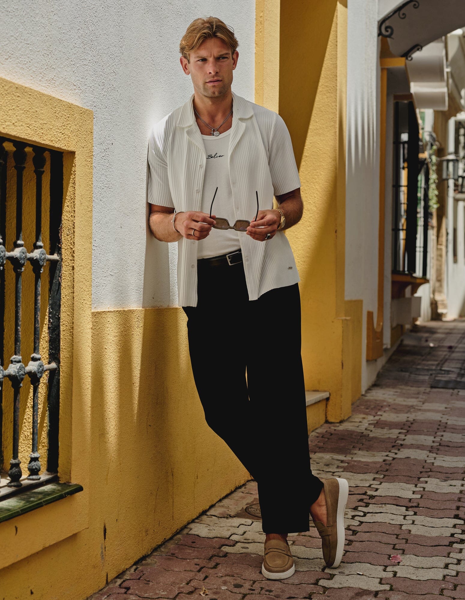 White Pleated S/S Resort Shirt - Image 3